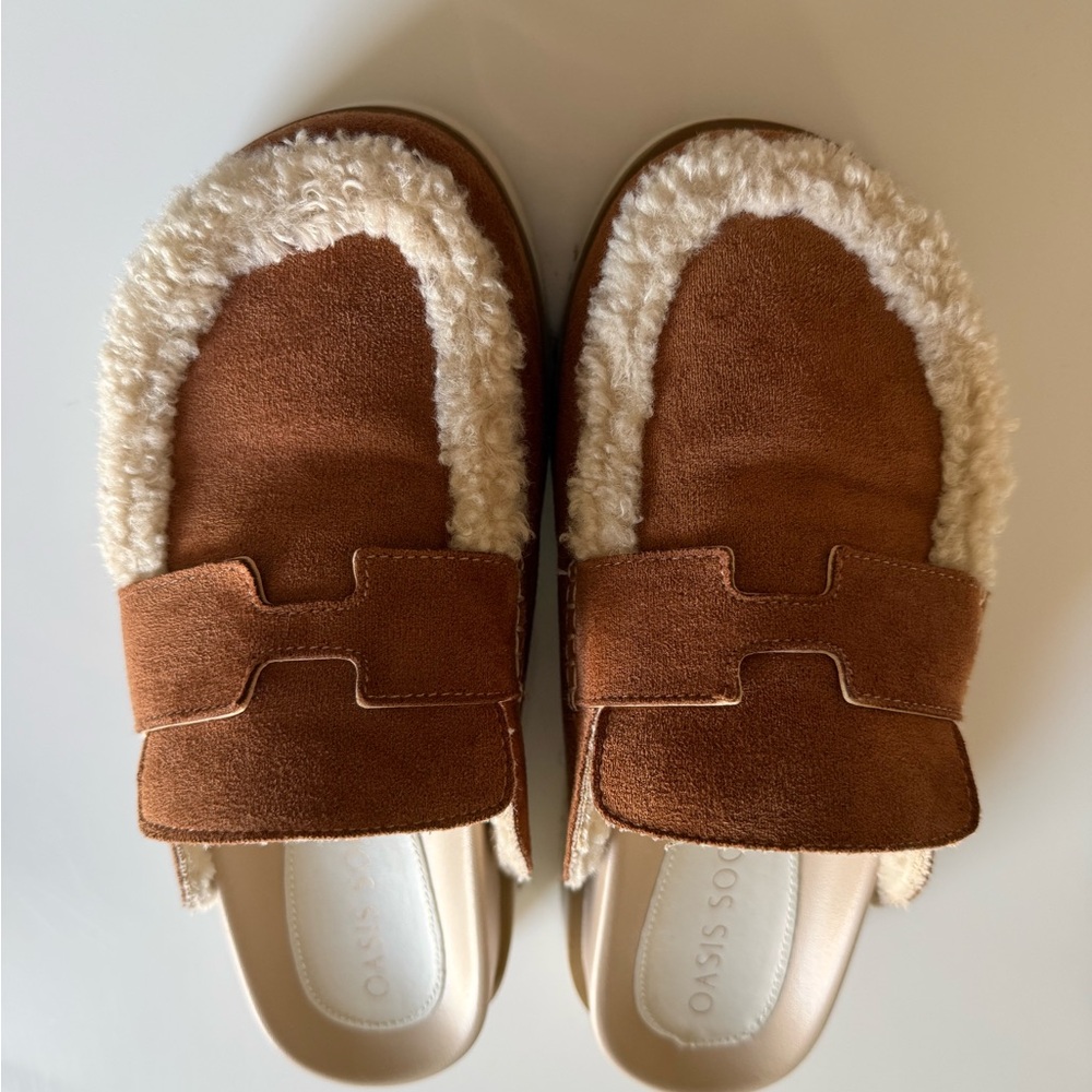 Oasis Suede Brown Mules with Cream Trim
